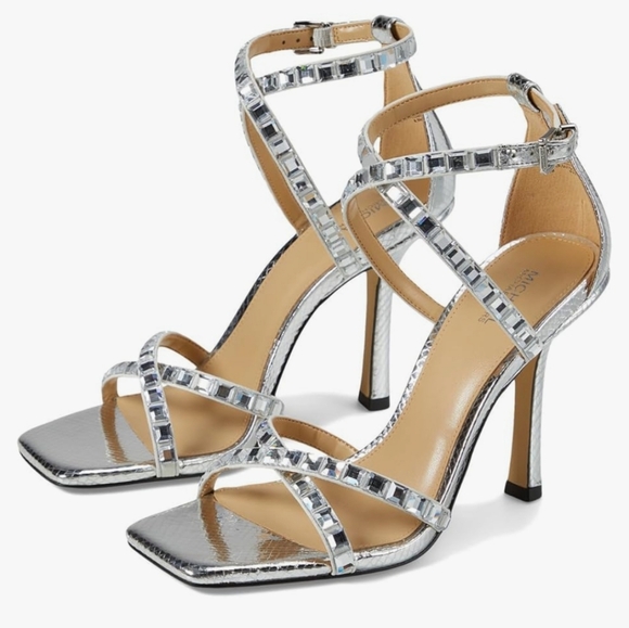 NWT Michael Kors Strappy Silver Gemstone Heeled Sandals High Heel Party … - Picture 14 of 16